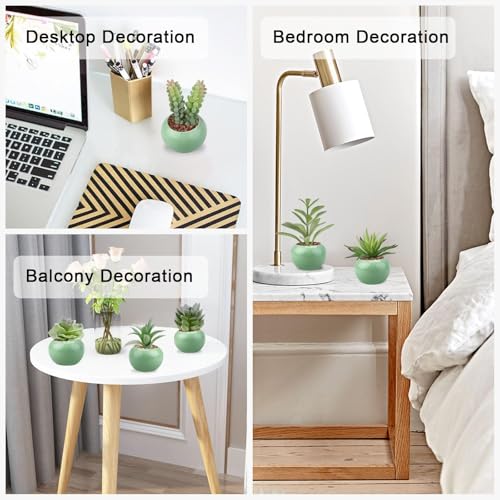 GREENTIME 6Pcs Artificial Succulents in Ceramic Pots Fake Potted Plants | Small Fake Succulents Zero Care for Bathroom Bedroom Desk Office Table Shelf Living Room Vanity Cabinet Windowsill - color: Green-light Green Round Pot