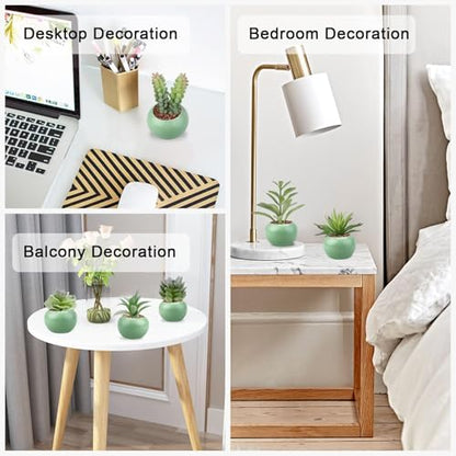 GREENTIME 6Pcs Artificial Succulents in Ceramic Pots Fake Potted Plants | Small Fake Succulents Zero Care for Bathroom Bedroom Desk Office Table Shelf Living Room Vanity Cabinet Windowsill - color: Green-light Green Round Pot