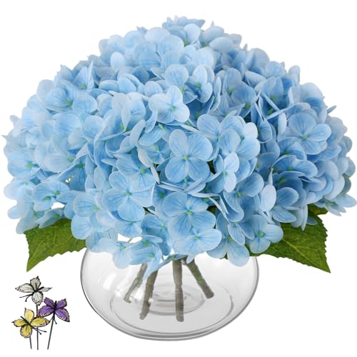 Hydrangea Artificial Flowers with Vase,Blue Real Touch Hydrangea Flowers with Butterfly,Faux Hydrangea Flowers for Floral Centerpieces for Tables,Home Decor,Wedding Decor,Coffee Table Decor - color: Blue Hydrangea
