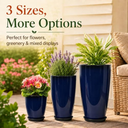 Neoaider Set of 3 Tall Planter, 24/21/12in Large Plastic Planter, Blue | Ceramic-Look, Lightweight, Built-in Drain Hole, Saucers, Tall Outdoor Planter for Porch, Garden, Patio, Balcony - color: Blue