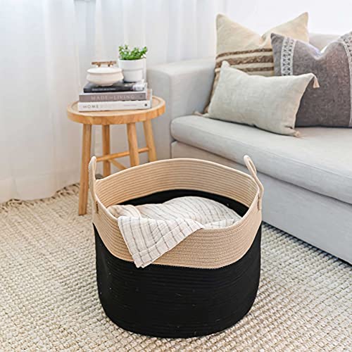 OrganiHaus Round Toy Basket & Blanket Basket, Cotton Rope 20x13" | Black / Honey - Round Cotton Rope Basket, 20x13" - color: Black / Honey, size: Wide