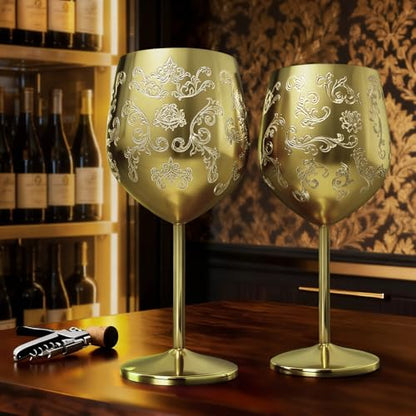 Lifecapido Stainless Steel Wine Glasses Set of 2, 18oz Etched Gold Wine Goblets, Unique Wine Glasses with Intricate Baroque Engravings for Party Wedding Anniversary - color: Gold