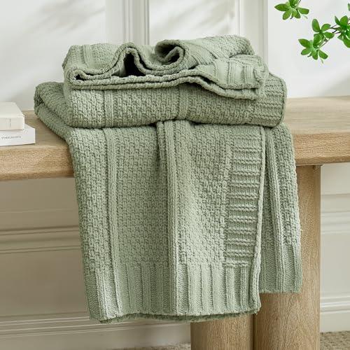Chenille Throw Blanket for Couch, Soft Cozy Chunky Knit Blanket, Moss Stitch Throw for Sofa, Bed, Living Room, Lightweight Warm Home Decor, Sage Green 60"x80" - color: Sage Green, size: 60" X 80"