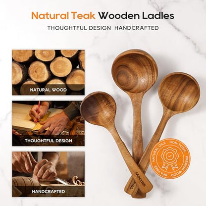 Wooden Ladle for Soup, 3 Size Teak Wood Ladle Spoon with Back Hooks, Heat Resistant Wooden Spoons for Cooking, Non-Stick, Comfortable Grip, Wood Kitchen Utensils Set for Serving, Stirring - size: 3 PCS Set