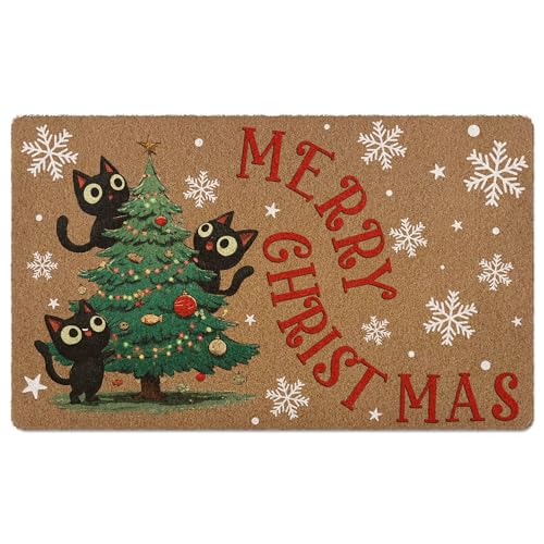 Funny Black Cat Xmas Tree Door Mat, Merry Christmas Snowflake Artificial Coir Front Door Mat Indoor Outdoor Entrance, Cute Winter Holiday Doormat Rug for Porch Entryway Patio Decor, 17X30 Inch - color: Green