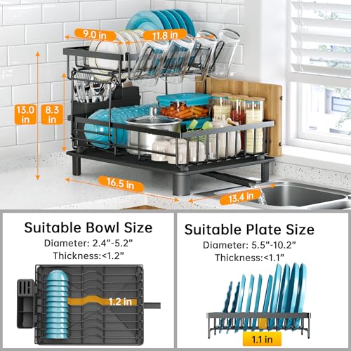 2 Tier Large Detachable Dish Drying Rack for Kitchen Counter,Black | Compact Drying Rack Kitchen, Rust-Resistant Dish Drainer Organizer, Space-Saving Dish Racks with Drainboard, Utensil Holder - color: 2 Tier-black