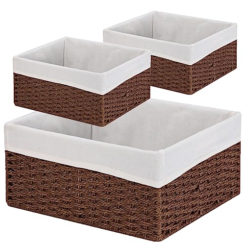 Wicker Basket, Set of 3 Hand-woven Storage Baskets for Organizing, Decorative Rectangle Wicker Storage Basket Bins with Handles, Small Toilet Paper Storage Baskets for Shelves & Decor, Brown - color: Brown