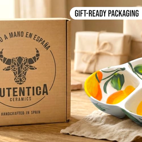3-Compartment Ceramic Serving Dish, Handmade in Spain | 7.5” divided chip and dip bowl with lead-free glaze, microwave, oven and dishwasher safe, ideal for tapas, snacks and sauces - color: Sunny Lemon