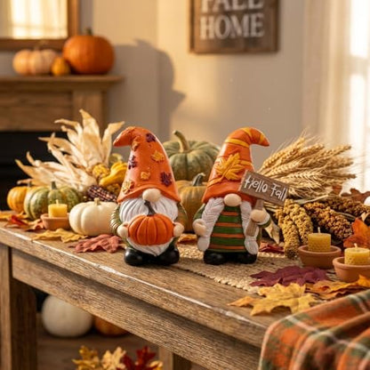 Cute 2 PCS Gnomes Statues Decor, Resin Figurines and Sculpture Décor, for Indoor Outdoor Yard Lawn Garden Home Patio Farmhouse Kitchen Table Decoration(Pumpkin and Fall) - style: Pumpking & "Hello Fall" Sign-Holding