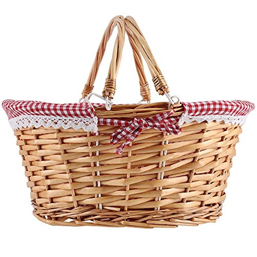 Natural Wicker Woven Gift Easter Basket, Hand Woven Empty Willow Woven Basket with Double Folding Handles and Washable Gingham Liner, Wicker Picnic Basket for Egg Candy Fruit Toy Storage