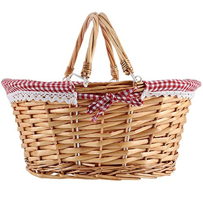 Natural Wicker Woven Gift Easter Basket, Hand Woven Empty Willow Woven Basket with Double Folding Handles and Washable Gingham Liner, Wicker Picnic Basket for Egg Candy Fruit Toy Storage
