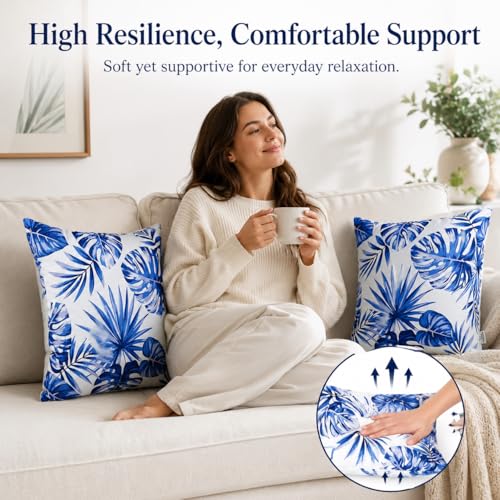 Outdoor Throw Pillows 18×18 Inch Waterproof Pillows with Inserts | Set of 2 Fade Resistant Patio Pillows for Porch Garden Couch and Patio Furniture - color: Blue-palm