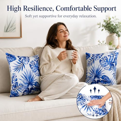 Outdoor Throw Pillows 18×18 Inch Waterproof Pillows with Inserts | Set of 2 Fade Resistant Patio Pillows for Porch Garden Couch and Patio Furniture - color: Blue-palm