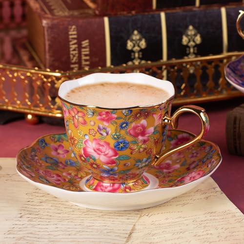 KAMMAK Tea Cup and Saucer, Ceramic Coffee Cups, 6.3 oz, Set of 2 | Porcelain Tea Cups with Saucers for Coffee and Cappuccino, Ideal for Breakfast, Afternoon Tea and Entertaining,643N+644N - style: 643N+644N