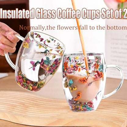 Viovian 13oz Double Wall Glass Coffee Mugs Set of 2 Insulated Glass Coffee Cups with Handles,Clear Dried Flower Tea Mug for for Hot Beverages,Tea Cup Women Birthday Gifts - color: 13oz double wall glass mugs set of 2