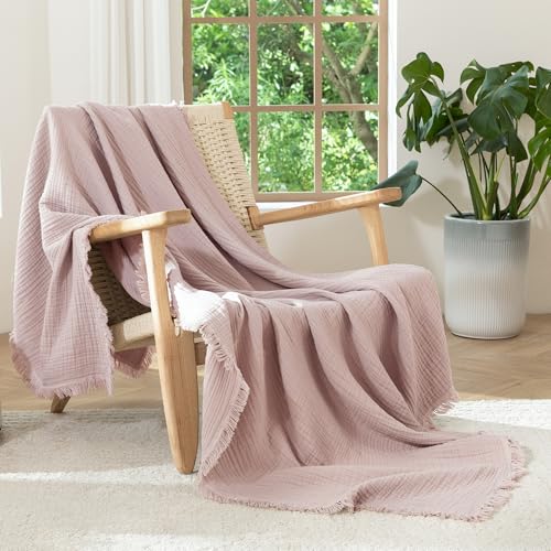 MooMee 100% Cotton Muslin Blanket, Fringed 4-Layer Gauze Bed Couch Throw | Soft Breathable Lightweight Thin Coverlet Summer Blankets for Adults, Bed & Couch All Seasons, Greyish Pink, 50" x 60" - color: Greyish Pink, size: Throw