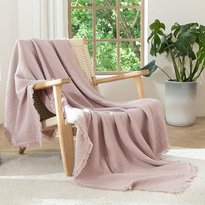 MooMee 100% Cotton Muslin Blanket, Fringed 4-Layer Gauze Bed Couch Throw | Soft Breathable Lightweight Thin Coverlet Summer Blankets for Adults, Bed & Couch All Seasons, Greyish Pink, 50" x 60" - color: Greyish Pink, size: Throw