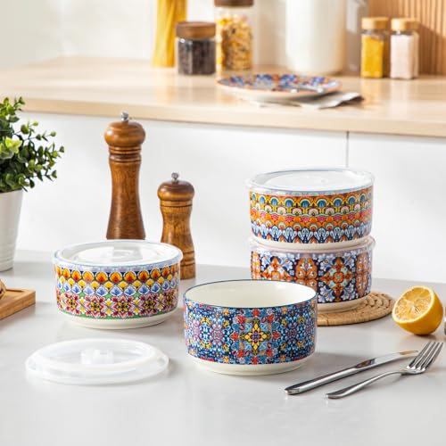 vancasso SIMI 36 oz Ceramic Bowls with Lids Set of 4,Bohemian Serving Bowl | 6 Inch Food Storage Containers Prep Bowls for Leftovers, Soup, Cereal, Meal Prep, Office Lunch, Microwave & Dishwasher Safe - size: 36 OZ (Set of 4)