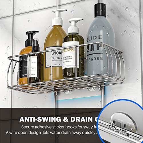 Epicano Shower Caddy Hanging Over Head, Chrome,Stainless Steel | Rustproof,4 Hooks for Towels,Sponge and & Bathroom Accessories,Anti-Swing Suction Cups & Adhesive hooks - color: Silver