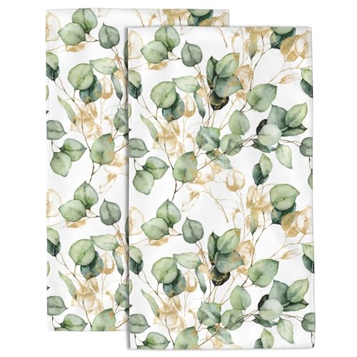 Gold Eucalyptus Leaf Hand Towel Set,Green Leaf Hand Towels for Bathroom 2 Pack Soft Absorbent Decorative Dish Towel for Kitchen Sports Gym Yoga Home Decor 14 x 28 in - color: Gold Eucalyptus Leaf