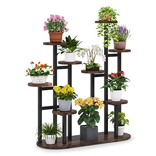 LITTLE TREE Multi-Tiered 11 Potted Plant Stand Indoor Tall Plant Shelf Flower Stands Plant Rack for Garden Balcony Living Room, Rustic Brown