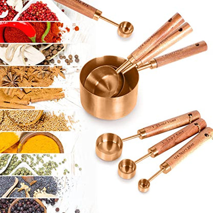 Collection 8 Piece Rose Gold Measuring Cups Set and Measuring Spoons, Golden With fragrant wood Handles-Complete Set of Measure Cups and Spoons For Cooking and Baking. - color: Copper