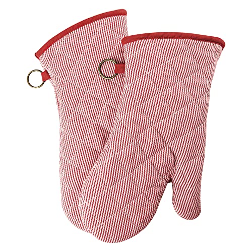 Yarn Dyed Oven Mitts 1 Pair， 100% Cotton Heat Resistant 470 Degree | Oven Gloves for Men Women Cooking Baking Barbecue BBQ Microwave Crafting Machine Washable Pot Holders Mittens (Red 2) - color: Oven Mitts - Red 2