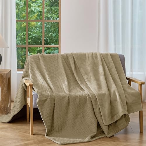 CHUFFED Cotton Waffle Blanket Throw Size - Plush Milk Velvet & Reversible Waffle Weave,Anti-Static 500Gsm Design，Thick Cozy Soft Winter Blanket for Bed, Couch, Sofa - Khaki, 50x70 Inches - color: Khaki, size: Throw XL