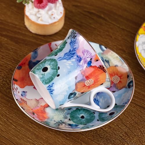 KAMMAK Tea Cups and Saucers Set of 2, 5.7 oz Porcelain Coffee Cups, 567N | Stackable Espresso Mugs, Ceramic Demitasse for Coffee, Cappuccino, Latte, Americano, Tea - size: 7KPSP567N+568N