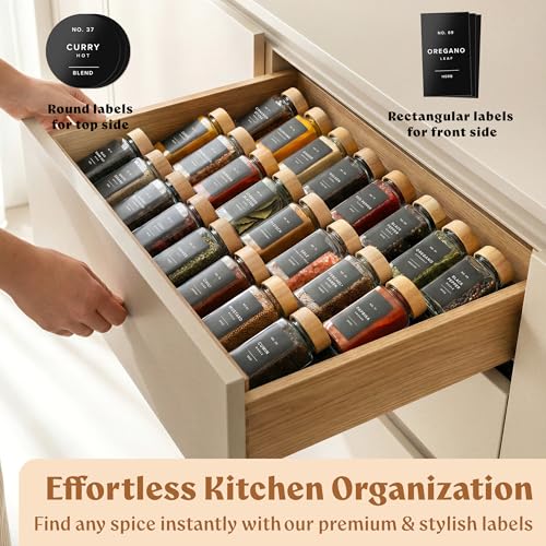 Square Glass Spice Jars (24 x 4oz) with Bamboo Lids + Magnetic Spice Rack for Refrigerator (Fits 12 Jars) + Bonus Slim Auxiliary Rack, 240 Labels, Shaker Inserts, Funnel - color: Bamboo Black Labels + Magnetic Rack