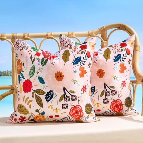 Waterproof Floral Throw Pillow Covers Outdoor Pink Decorative Summer Pillow Covers Accent Square Couch Covers Garden Farmhouse Cushion Cases 16x16 Inch Set of 2 for Patio Tent Balcony Furniture Sofa - color: Pink, size: 16" x 16" (Pack of 2)