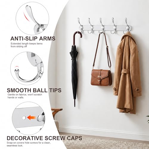YUNISS Coat Rack Wall Mounted，5 Tri Stainless Steel Coat Hook for Coat Hat Robes Towel in Mudroom Entryway (Sliver, 1 Pack 5 Hook) - color: Sliver, size: 1 Pack 5 Hook