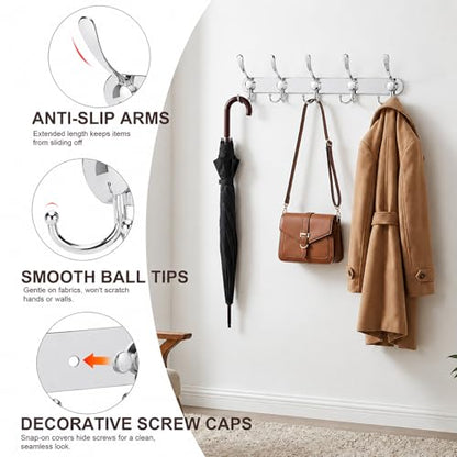 YUNISS Coat Rack Wall Mounted，5 Tri Stainless Steel Coat Hook for Coat Hat Robes Towel in Mudroom Entryway (Sliver, 1 Pack 5 Hook) - color: Sliver, size: 1 Pack 5 Hook
