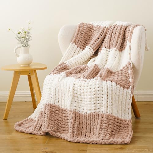 Battilo Chunky Knit Throw Blanket, Soft and Thick Chenille Throw Blanket, 50"x60" Handmade Cable Knit Crochet Blanket, Super Cozy Chunky Knot Throw Blanket for Couch Sofa Home Decor, Blush & White - color: Blush & White