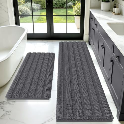 Striped Grey Bathroom Rug Mat Set 2 piece 32"x20"+60"x20" Ultra Soft, Non Slip Chenille Bath Rugs, Absorbent Plush Shaggy Bath Mats for Bathroom, Bedroom, Kitchen, Shower, Tub,Dark Gray, Charcoal - color: Dark Gray, size: 60"x20", 32"x20"