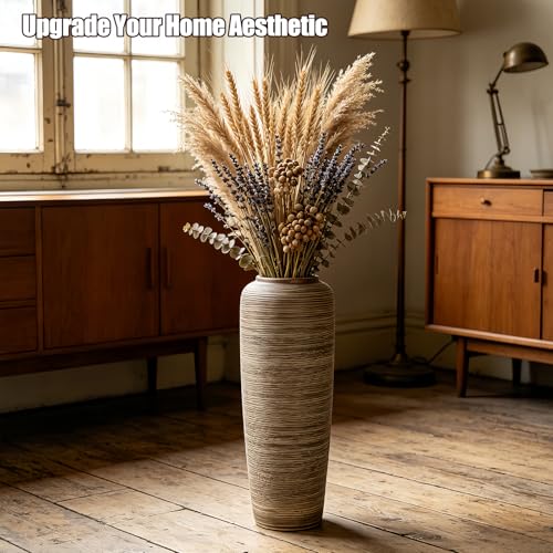 Brown Rustic Ceramic Floor Vase, 19.7 Inch, Ribbed Texture | Living Room, Entryway, Fireplace, Pampas Grass, Dried Branches - size: 19.7 Inch