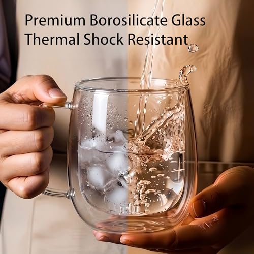 Double Wall Glass Mugs Set of 2, 9 oz Borosilicate Glass Coffee Cups with Handle, Insulated Clear Espresso Glasses for Hot and Cold Drinks, Heat Resistant Tea Latte Cappuccino Mugs, Dishwasher Safe