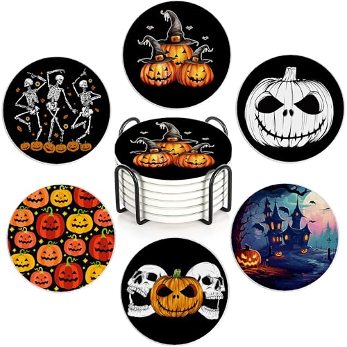 Coaster for Drinks Set of 6, Halloween Skeleton Skull Pumpkin Absorbing Round Ceramic Stone Coaster with Cork Base,Tabletop Protection Mat for Mugs and Cups,Coffee Table Wine Glass Home Bar 4 Inch - color: Halloween Skeleton Skull Pumpkin