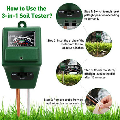 Soil Ph Tester, 3-in-1 Soil Test Kit for Moisture/PH/Light, Soil Moisture Meter for Plants Indoor Outdoor, Plant Hygrometer Water Testing Probe Sensor Analyzer Detector for Lawn Farm Gardening Tools