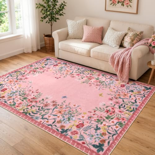 Wonnitar 5x7 Washable Area Rug, Pink Floral Rug for Living Room, Cute Boho Rug for Girls Bedroom, Non Slip Soft Nursery Carpet, Farmhouse Kids Room Decor (5x7 Pink) - color: Pink, size: 5' x 7' (Rectangular)