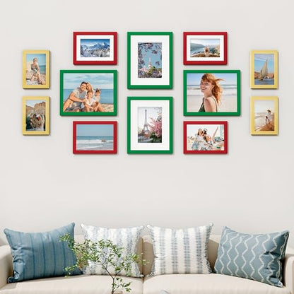 Vittanly 12 Pack Gallery Wall Frame Set, Green, Red, Gold | Gallery Wall Frame Set: 4pcs 8x10, 4pcs 5x7 & 4pcs 4x6 Photos for Wall & Table, Picture Frames made of Engineered Wood - color: Green & Red & Gold