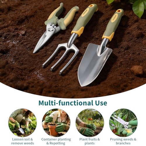 Green Garden Tool Set 4-Piece, Trowel, Fork, Pruning Shear&Gloves | Aluminum Gardening Hand Tools, Non-Slip Ergonomic Handles, for Digging Weeding, Gift for Women Men Gardener Plant Lovers - color: green-4pcs