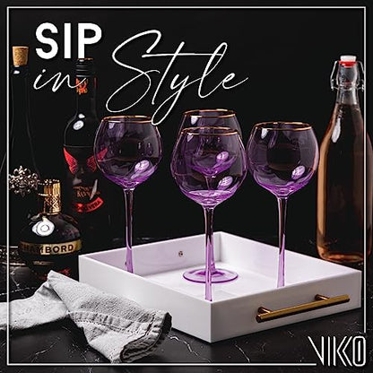 Vikko Lilac Wine Glasses, 17 Oz, Set of 4 Stemmed Glasses with Gold Rim, Perfect for Red & White Wine