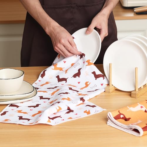 Dachshund Kitchen Towels Dachshund Gifts Reusable Dish Towels Kitchen Decor | 4PCS Funny Weiner Dog Decorative Waffle Hand Towels for Bathroom Dog Lover Mom Christmas Housewarming Gifts Tea Towel
