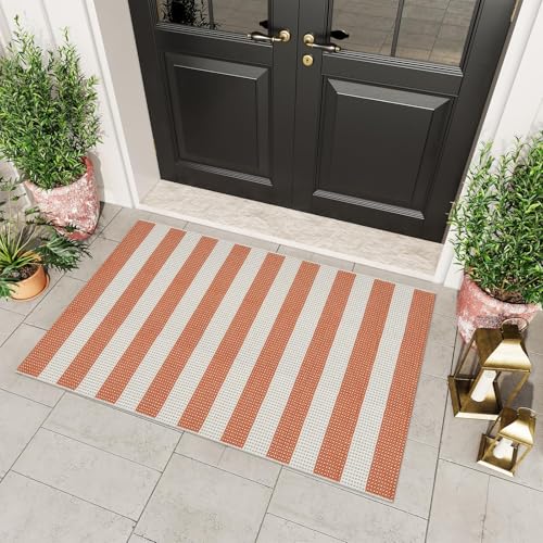 Outdoor Mat Orange Outdoor Rug 3'x5' Fall Welcome Mats for Front Door | Door Mat Outside Entrance Front Door Rug Washable Entryway Rugs Striped Indoor Outdoor Rugs Doormat for Patio Porch Decor - color: Orange/Tan/White, size: 3' x 5' (Rectangular)