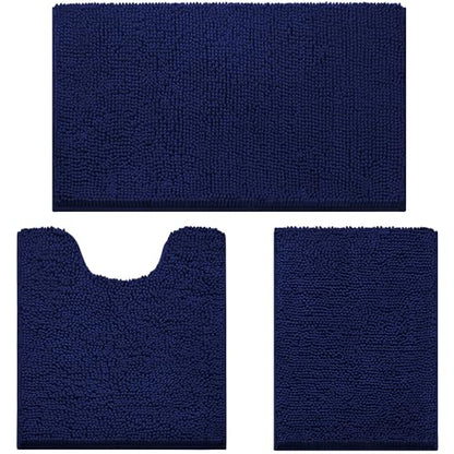 HOMEIDEAS 3 Pieces Bathroom Rugs, Ultra Soft Non Slip Absorbent Chenille Toilet Bath Mat Set (Navy Blue) - color: Blue-navy Blue, size: 17"x24"+20"x32"+U Shape 20"x24"