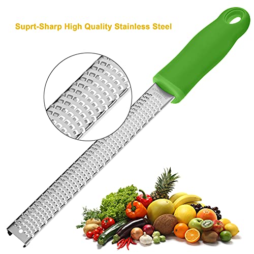 8-Inch Lemon Zester & Cheese Grater, 18/8 Stainless Steel, Green | Fine 18/8 Stainless Steel Blade for Citrus, Parmesan, Ginger and Garlic, Soft Non-slip Handle, Cover, Dishwasher Safe - color: Green