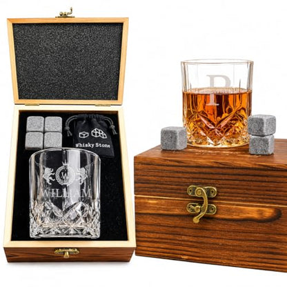 Personalized Engraved Whiskey Glass Gift Set, Custom Whiskey Stones Set with Wooden Box, Granite Chilling Rocks Tongs, Unique Gifts for Men Dad Groomsmen Birthday Father's Day