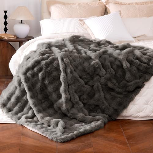 Ultra Soft Cozy Faux Fur Throw Blanket, Fuzzy Plush Thick Bubble Blanket, Oversize Luxury Fluffy Blanket for Couch, Bed, and Living Room, 60x80 Inches, Dark Grey Taupe - color: Bubble Dark Grey, size: Twin