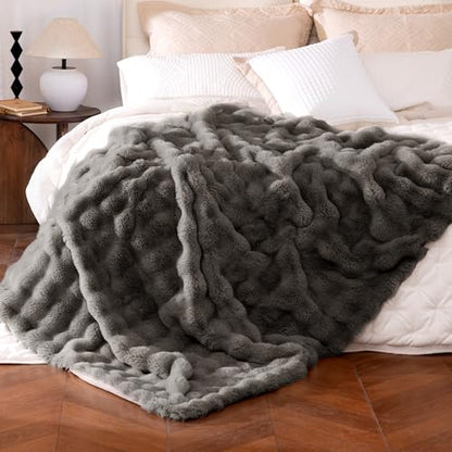 Ultra Soft Cozy Faux Fur Throw Blanket, Fuzzy Plush Thick Bubble Blanket, Oversize Luxury Fluffy Blanket for Couch, Bed, and Living Room, 60x80 Inches, Dark Grey Taupe - color: Bubble Dark Grey, size: Twin